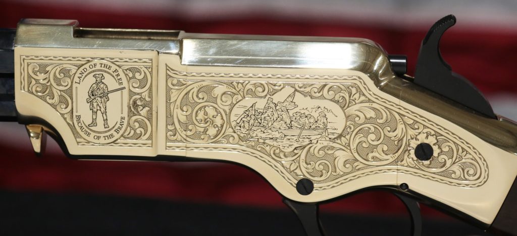 The main engraving on the left side of the receiver features George Washington’s pivotal crossing of the Delaware River on Christmas night, Dec. 25, 1776.